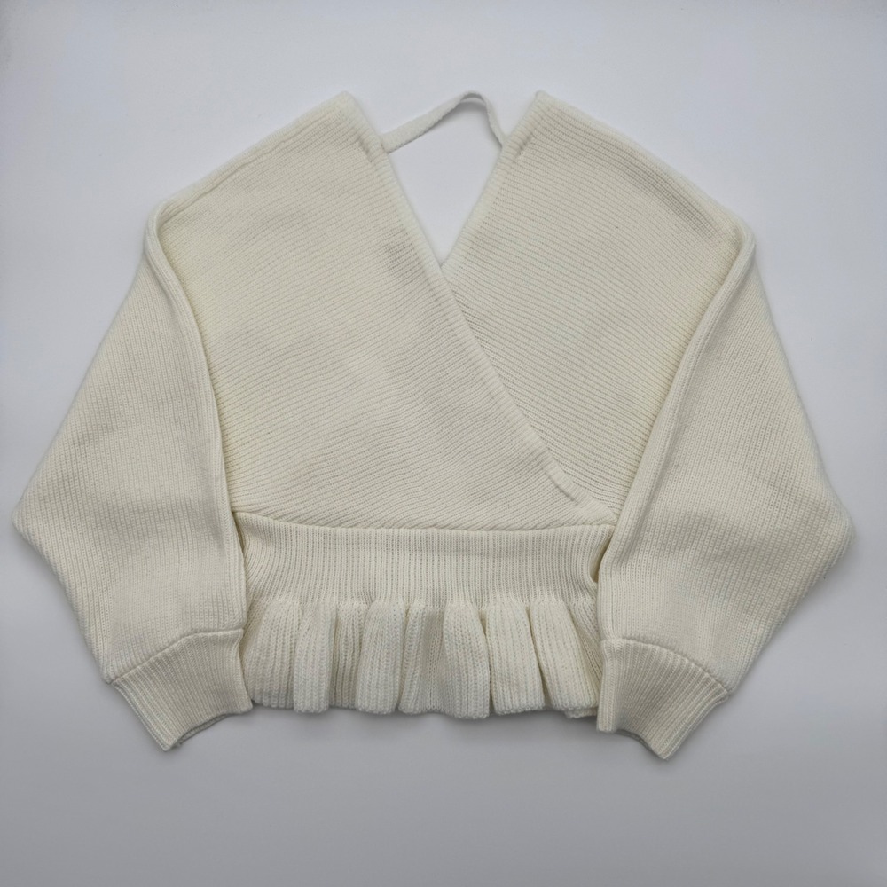 Peach Love California Ivory Surplice Wrap Peplum Ruffle Sweater Cream Small